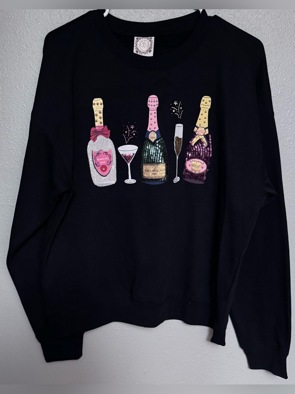 Truself Women's Black Sweatshirt with Champagne/Wine Bottle Graphic